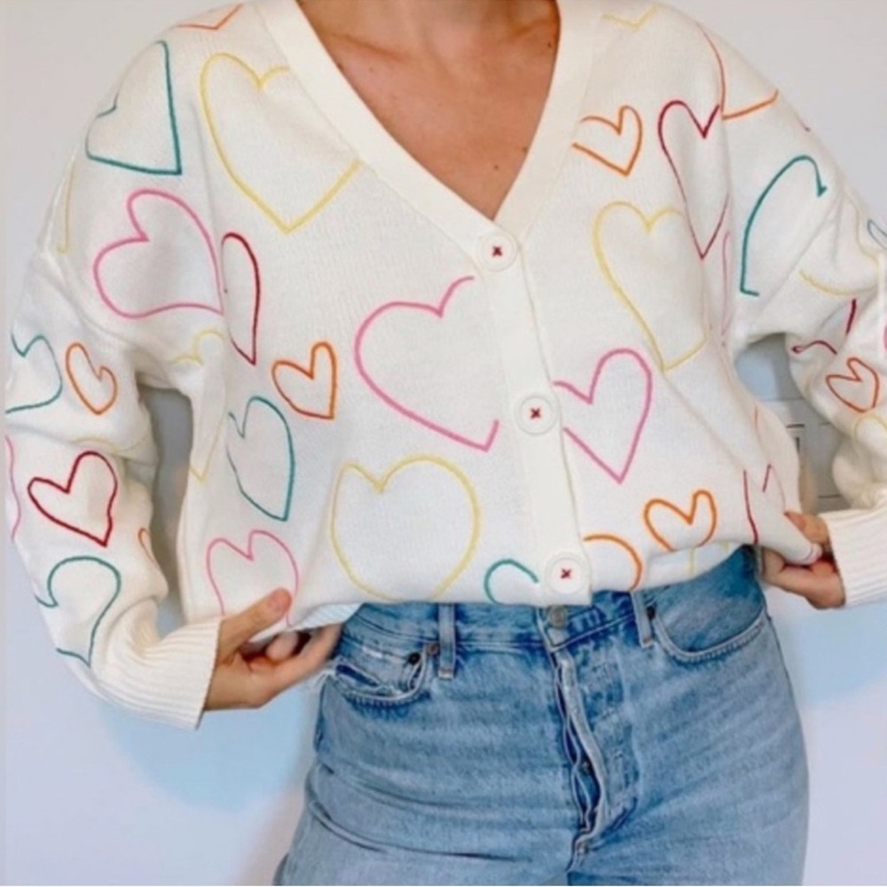 Kerri Rosenthal XOKR Rainbow Heart Embroidered Cardigan Sweater XS Swiftie Era
